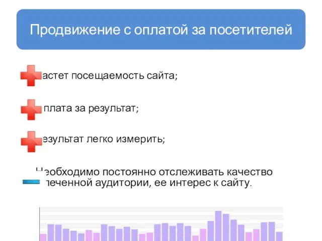 Продвижение с оплатой за посетителей Растет посещаемость сайта; Оплата за результат; Результат