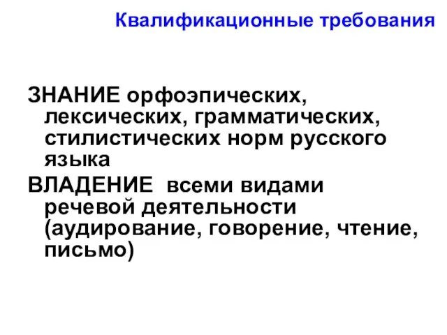 ЗНАНИЕ орфоэпических, лексических, грамматических, стилистических норм русского языка ВЛАДЕНИЕ всеми видами речевой