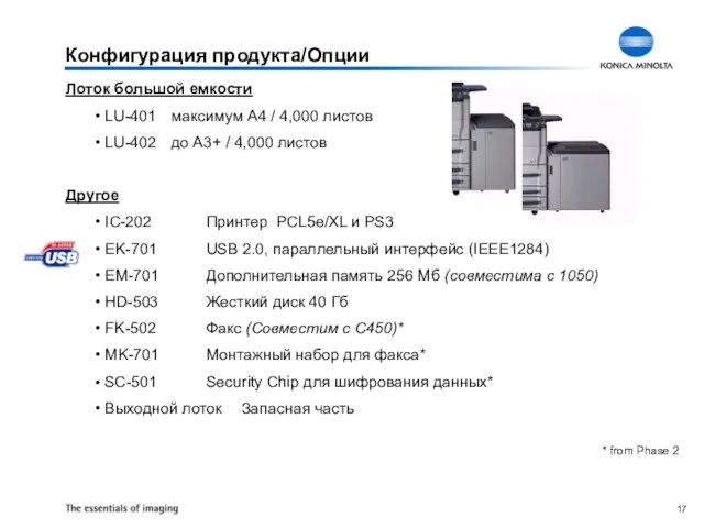 Конфигурация продукта/Опции Лоток большой емкости LU-401 максимум A4 / 4,000 листов LU-402