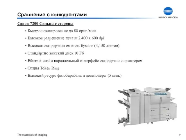 Canon 7200 Сильные стороны Быстрое сканирование до 80 ориг./мин Высокое разрешение печати