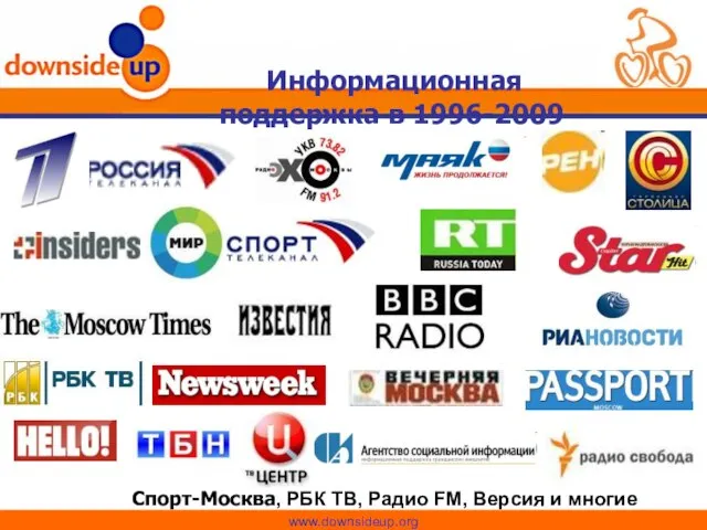 Информационная поддержка в 1996-2009 Спорт-Москва, РБК ТВ, Радио FM, Версия и многие другие