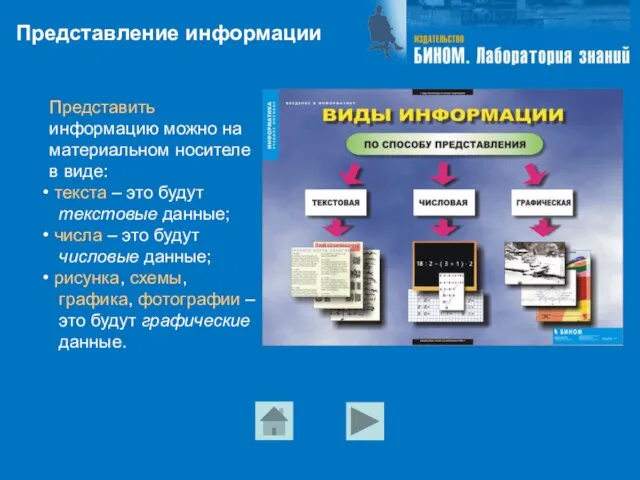 Представление информации Представить информацию можно на материальном носителе в виде: текста –