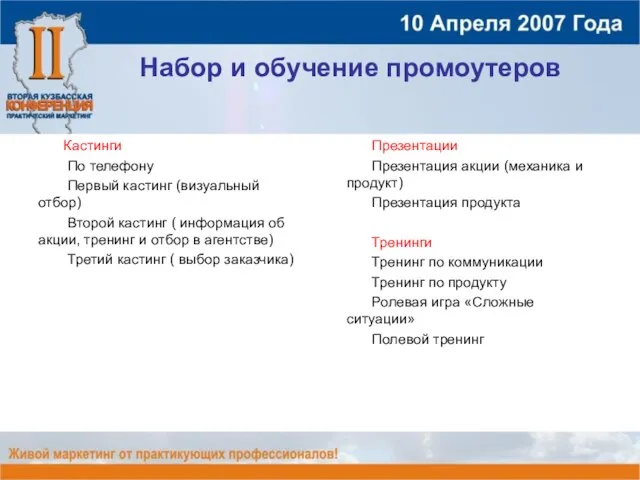 Набор и обучение промоутеров Кастинги По телефону Первый кастинг (визуальный отбор) Второй