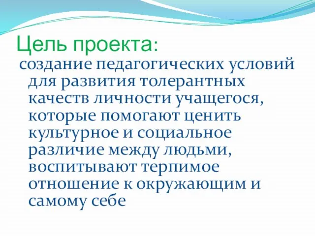 Цель проекта: создание педагогических условий для развития толерантных качеств личности учащегося, которые