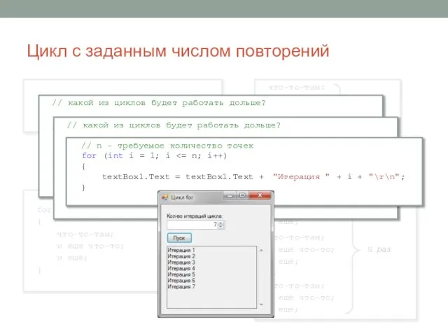 Цикл с заданным числом повторений for (int i = 1; i что-то-там;