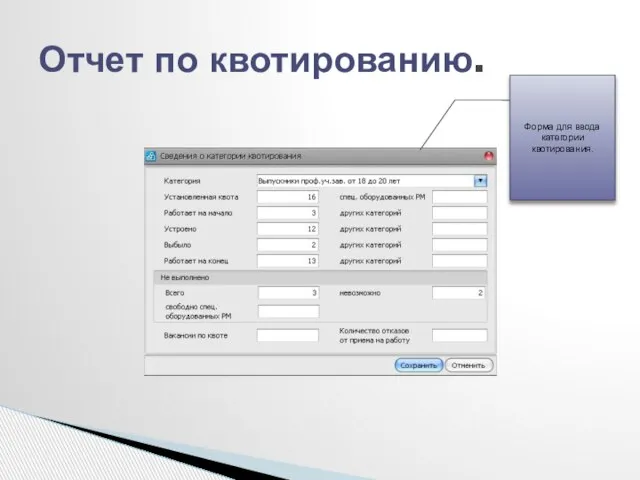 Отчет по квотированию. Форма для ввода категории квотирования.