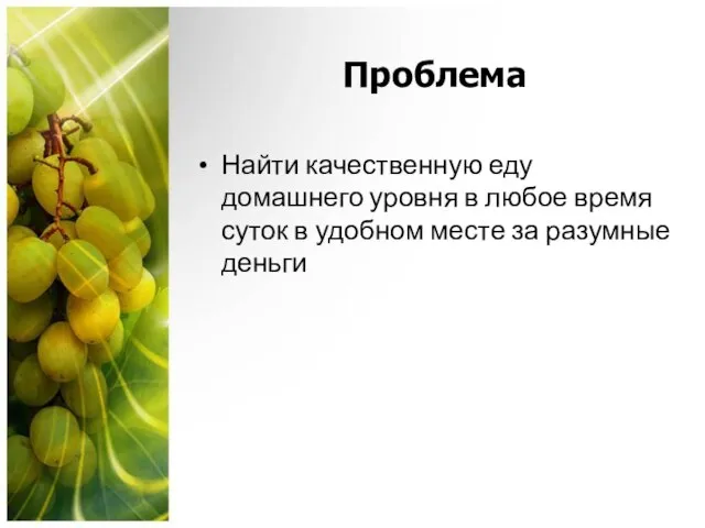 Проблема Найти качественную еду домашнего уровня в любое время суток в удобном месте за разумные деньги