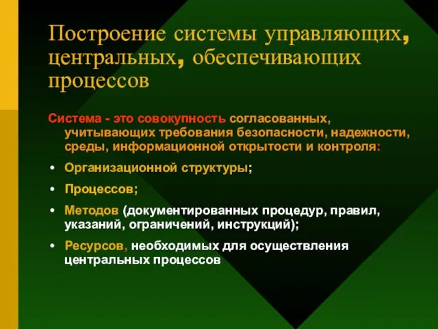 Построение системы управляющих, центральных, обеспечивающих процессов Система - это совокупность согласованных, учитывающих