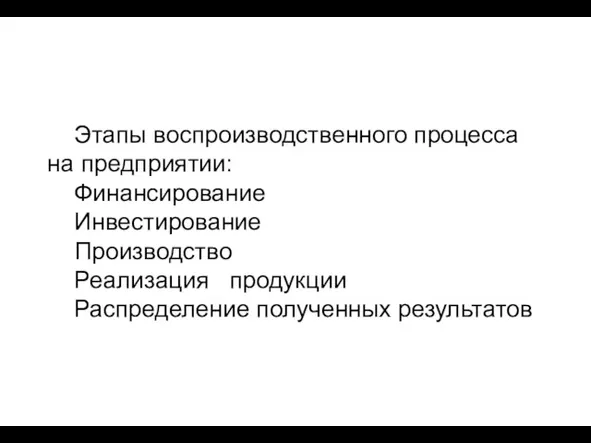 Этапы воспроизводственного процесса на предприятии: Финансирование Инвестирование Производство Реализация продукции Распределение полученных результатов