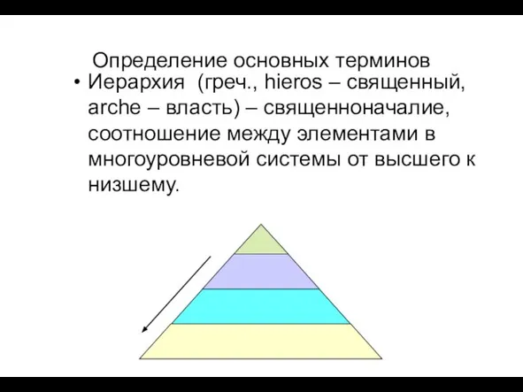 Определение основных терминов Иерархия (греч., hieros – священный, arche – власть) –