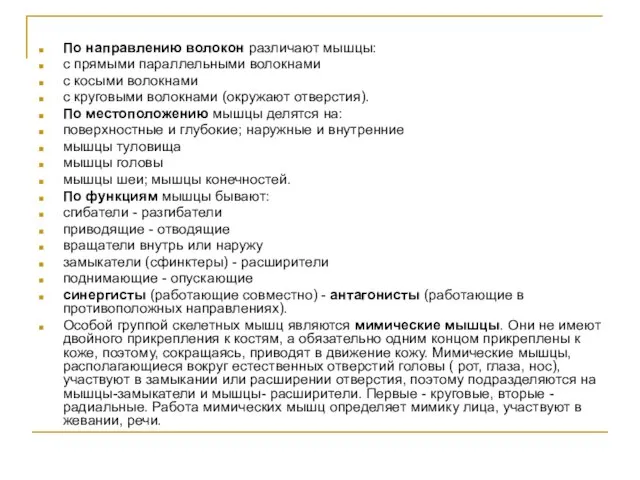 По направлению волокон различают мышцы: с прямыми параллельными волокнами с косыми волокнами