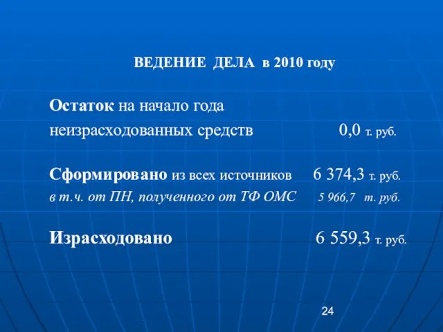 ВЕДЕНИЕ ДЕЛА в 2010 году Остаток на начало года неизрасходованных средств 0,0