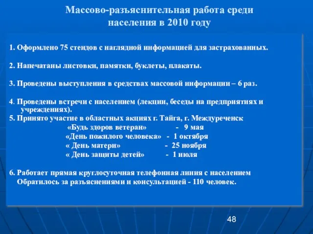 Массово-разъяснительная работа среди населения в 2010 году 1. Оформлено 75 стендов с