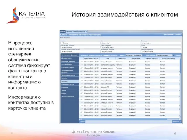 * Центр обслуживания Капелла. Оптимум История взаимодействия с клиентом В процессе исполнения