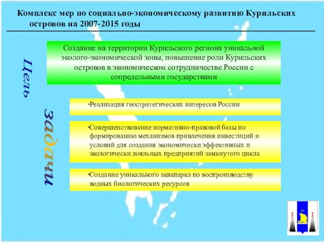 Комплекс мер по социально-экономическому развитию Курильских островов на 2007-2015 годы Цель Совершенствование