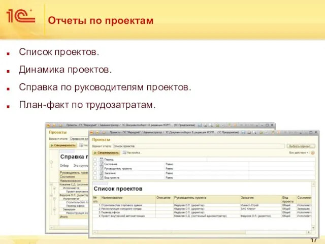 Отчеты по проектам Список проектов. Динамика проектов. Справка по руководителям проектов. План-факт по трудозатратам.