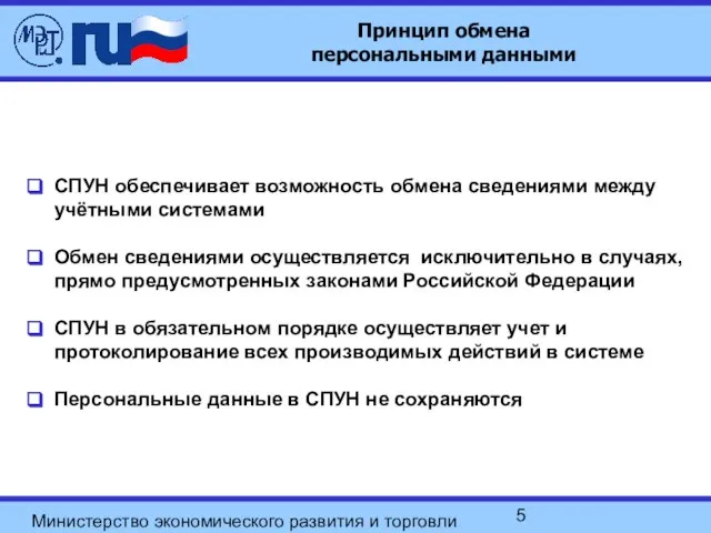 Министерство экономического развития и торговли РФ Принцип обмена персональными данными СПУН обеспечивает