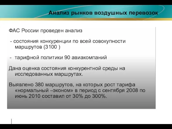 Анализ рынков воздушных перевозок ФАС России проведен анализ - состояния конкуренции по