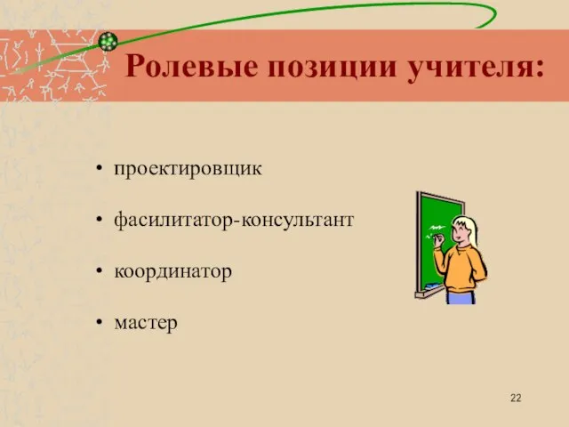 Ролевые позиции учителя: проектировщик фасилитатор-консультант координатор мастер