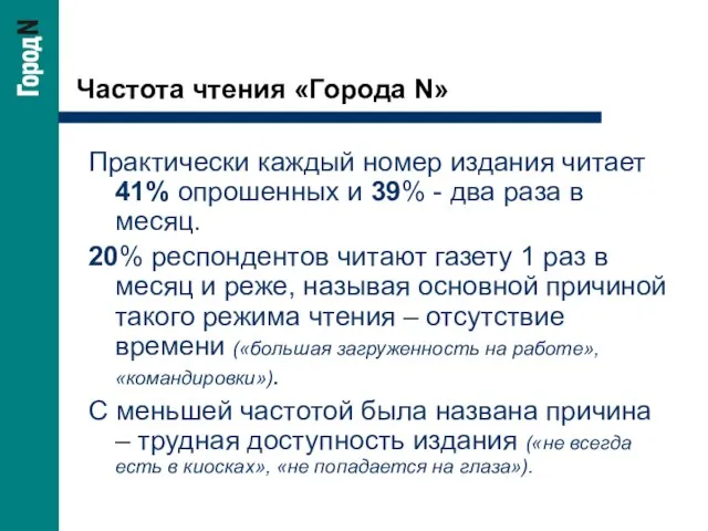 Частота чтения «Города N» Практически каждый номер издания читает 41% опрошенных и