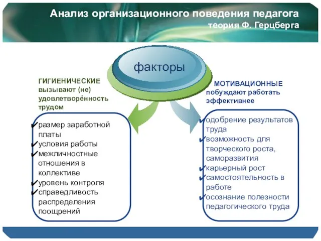 Анализ организационного поведения педагога теория Ф. Герцберга ГИГИЕНИЧЕСКИЕ вызывают (не)удовлетворённость трудом размер