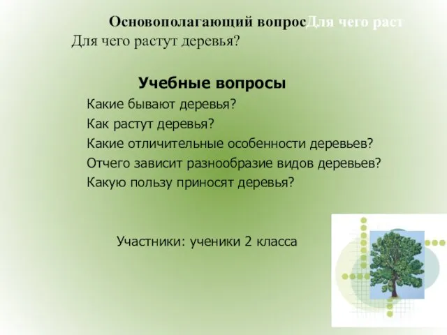 Основополагающий вопросДля чего раст Для чего растут деревья? Учебные вопросы Какие бывают