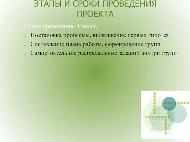 ЭТАПЫ И СРОКИ ПРОВЕДЕНИЯ ПРОЕКТА Сроки проведения: 1 месяц Постановка проблемы, выдвижение