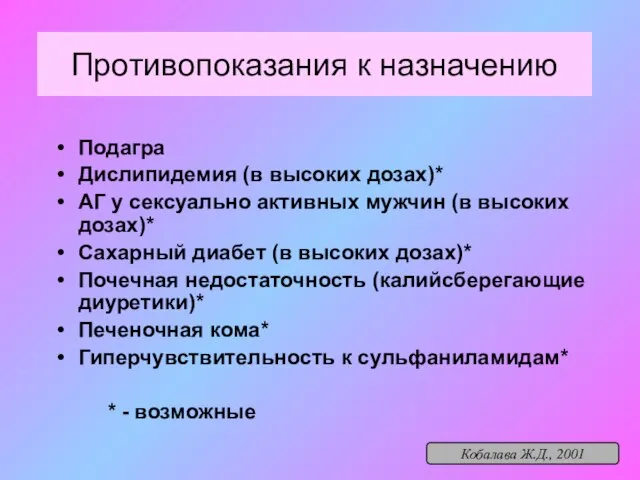 Противопоказания к назначению Подагра Дислипидемия (в высоких дозах)* АГ у сексуально активных