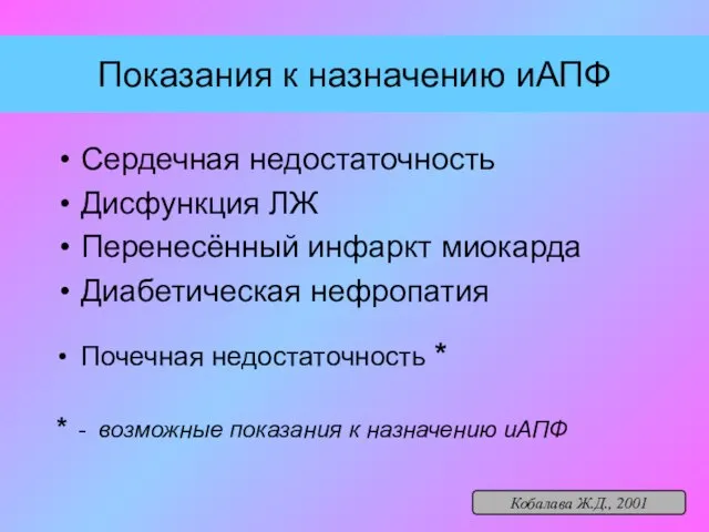 Показания к назначению иАПФ Сердечная недостаточность Дисфункция ЛЖ Перенесённый инфаркт миокарда Диабетическая