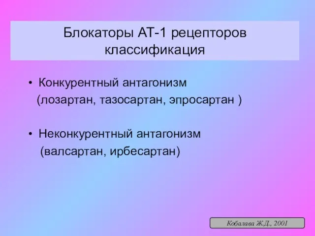 Блокаторы АТ-1 рецепторов классификация Конкурентный антагонизм (лозартан, тазосартан, эпросартан ) Неконкурентный антагонизм