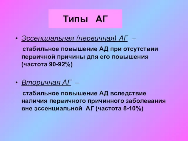 Типы АГ Эссенциальная (первичная) АГ – стабильное повышение АД при отсутствии первичной