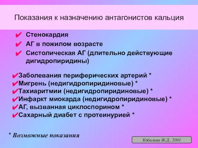 Показания к назначению антагонистов кальция Стенокардия АГ в пожилом возрасте Систолическая АГ