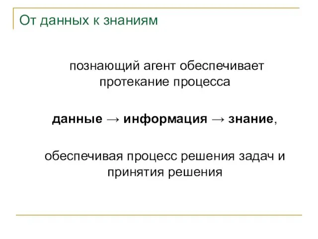 От данных к знаниям познающий агент обеспечивает протекание процесса данные → информация