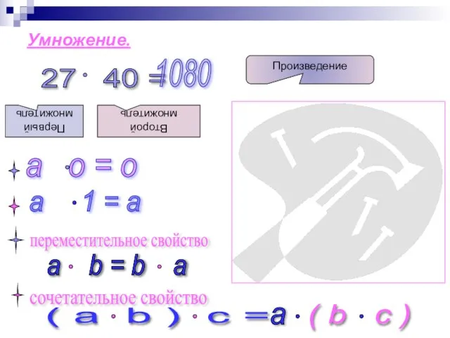 Умножение. 27 40 = Первый множитель Второй множитель Произведение а о =