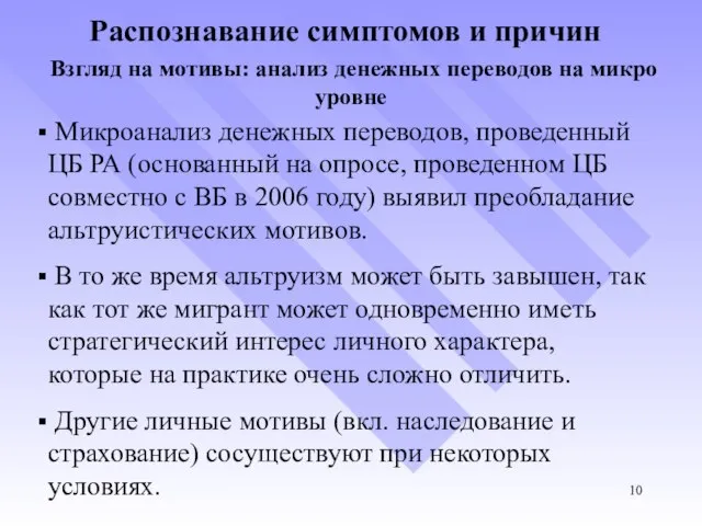 Распознавание симптомов и причин Микроанализ денежных переводов, проведенный ЦБ РА (основанный на