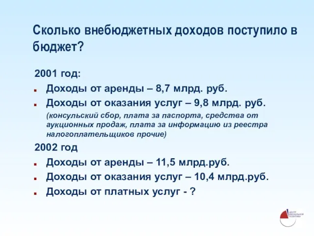 Сколько внебюджетных доходов поступило в бюджет? 2001 год: Доходы от аренды –