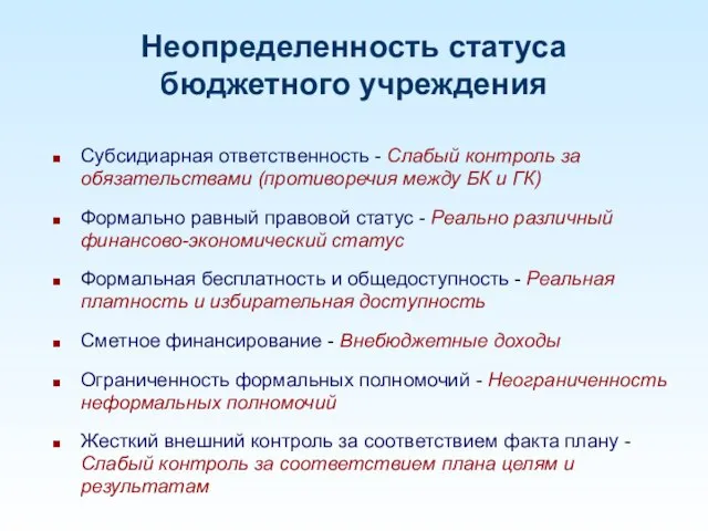 Субсидиарная ответственность - Слабый контроль за обязательствами (противоречия между БК и ГК)