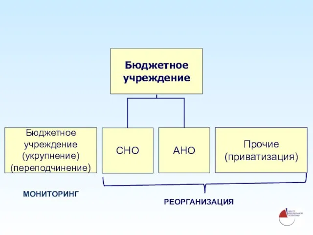 Бюджетное учреждение Бюджетное учреждение (укрупнение) (переподчинение) СНО АНО Прочие (приватизация) РЕОРГАНИЗАЦИЯ МОНИТОРИНГ