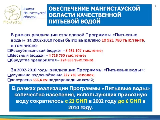 ОБЕСПЕЧЕНИЕ МАНГИСТАУСКОЙ ОБЛАСТИ КАЧЕСТВЕННОЙ ПИТЬЕВОЙ ВОДОЙ Акимат Мангистауской области 2 В рамках