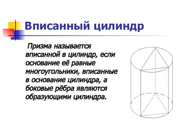 Вписанный цилиндр Призма называется вписанной в цилиндр, если основание её равные многоугольники,