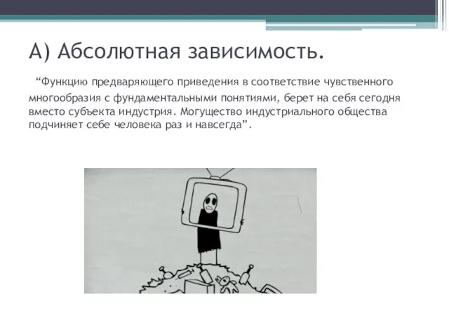 А) Абсолютная зависимость. “Функцию предваряющего приведения в соответствие чувственного многообразия с фундаментальными