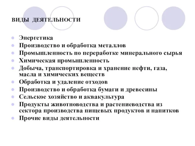 ВИДЫ ДЕЯТЕЛЬНОСТИ Энергетика Производство и обработка металлов Промышленность по переработке минерального сырья