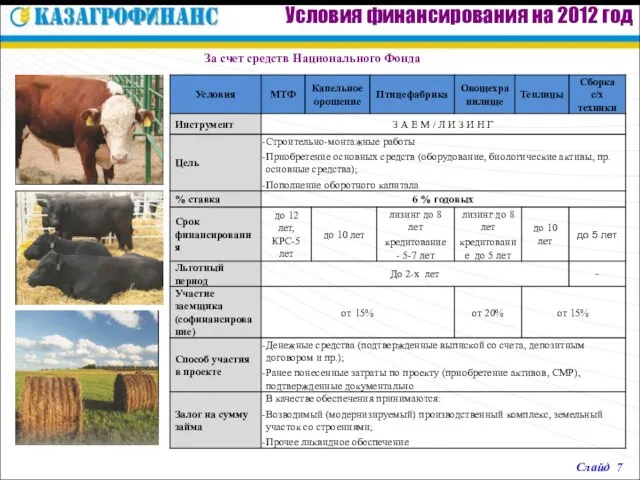 Слайд 7 Условия финансирования на 2012 год За счет средств Национального Фонда