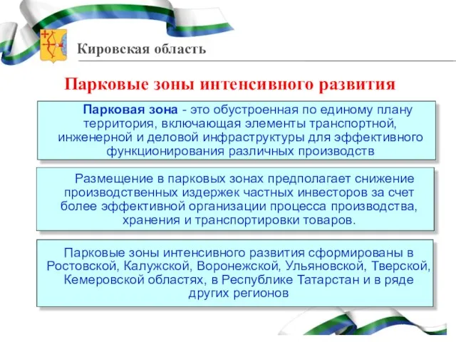 Парковые зоны интенсивного развития Размещение в парковых зонах предполагает снижение производственных издержек