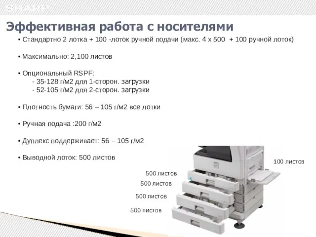 Эффективная работа с носителями Стандартно 2 лотка + 100 -лоток ручной подачи