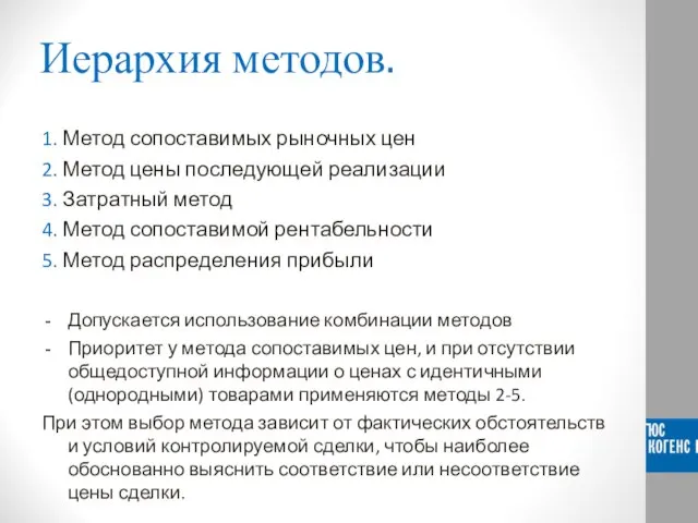 Иерархия методов. 1. Метод сопоставимых рыночных цен 2. Метод цены последующей реализации