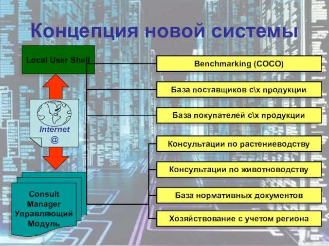 Концепция новой системы Local User Shell Consult Manager Управляющий Модуль Internet @