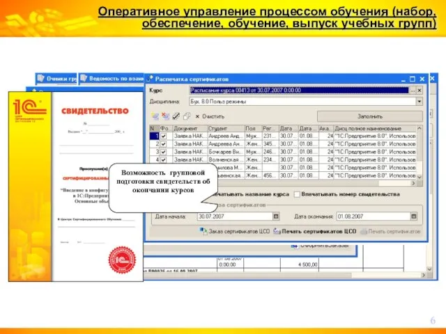 Оперативное управление процессом обучения (набор, обеспечение, обучение, выпуск учебных групп) Возможность различать