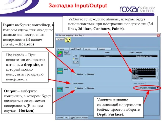 Закладка Input/Output Input: выберите контейнер, в котором сдержатся исходные данные для построения