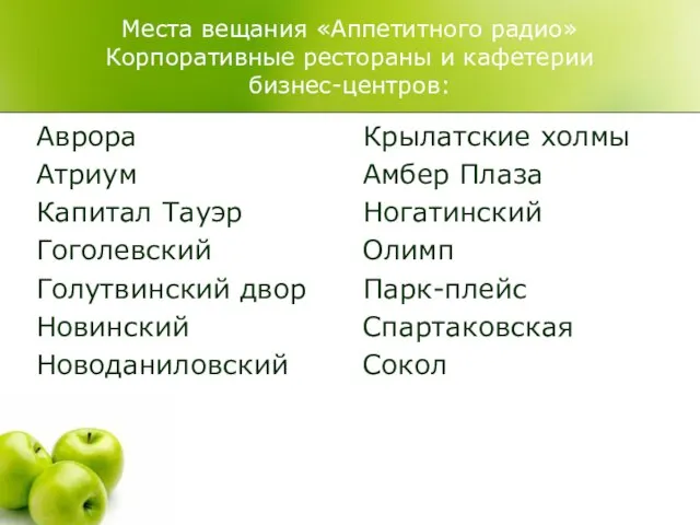 Места вещания «Аппетитного радио» Корпоративные рестораны и кафетерии бизнес-центров: Аврора Атриум Капитал